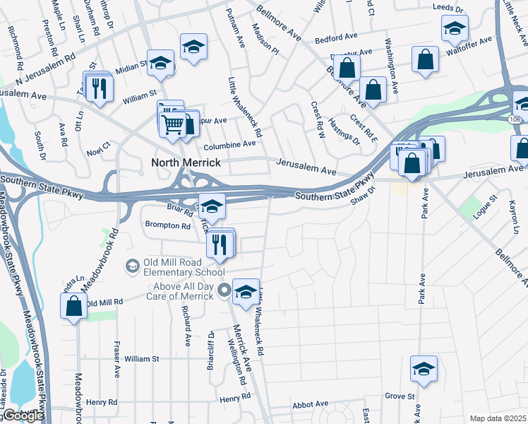 map of restaurants, bars, coffee shops, grocery stores, and more near 1256 Little Whaleneck Road in Merrick