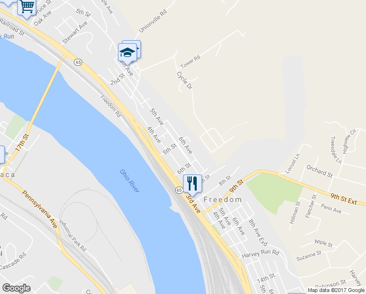 map of restaurants, bars, coffee shops, grocery stores, and more near 527 5th Avenue in Freedom
