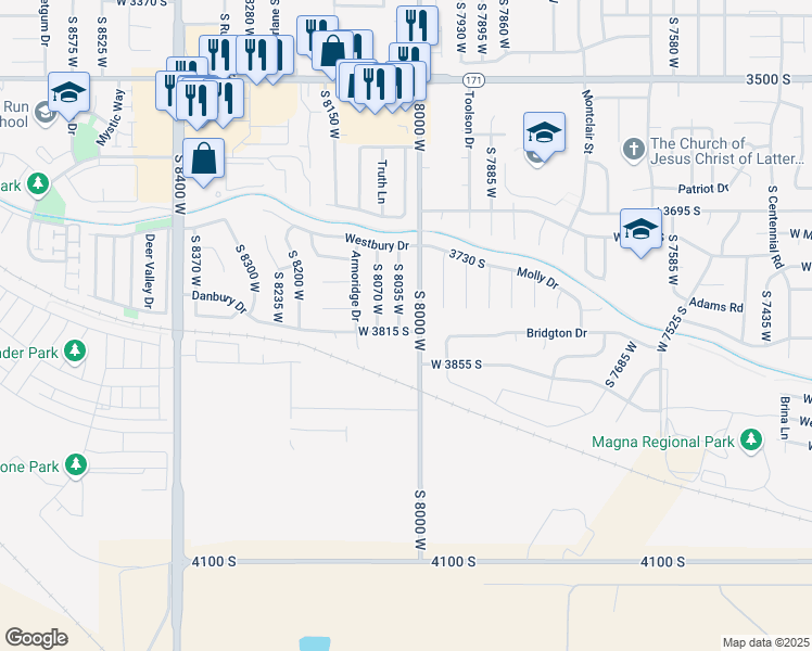 map of restaurants, bars, coffee shops, grocery stores, and more near 3807 South 8035 West in Magna