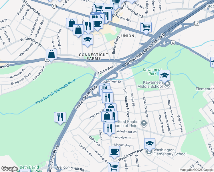 map of restaurants, bars, coffee shops, grocery stores, and more near 228 Winfield Terrace in Union