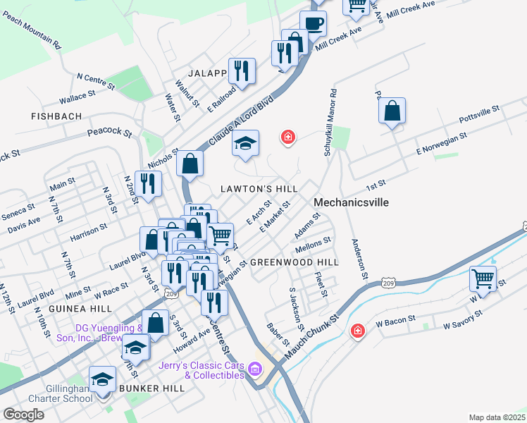 map of restaurants, bars, coffee shops, grocery stores, and more near 517 East Arch Street in Pottsville