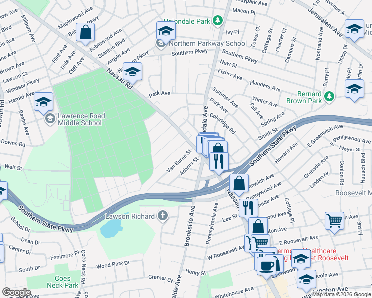 map of restaurants, bars, coffee shops, grocery stores, and more near 1002 Van Buren Street in Uniondale
