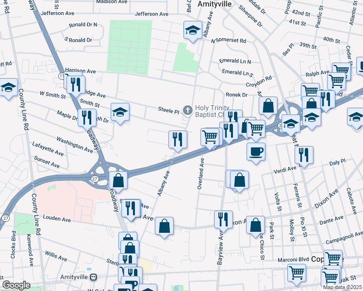map of restaurants, bars, coffee shops, grocery stores, and more near 237 Albany Avenue in Amityville
