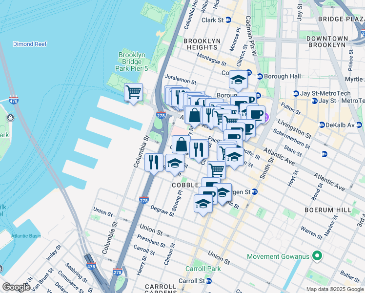 map of restaurants, bars, coffee shops, grocery stores, and more near 358 Henry Street in Brooklyn