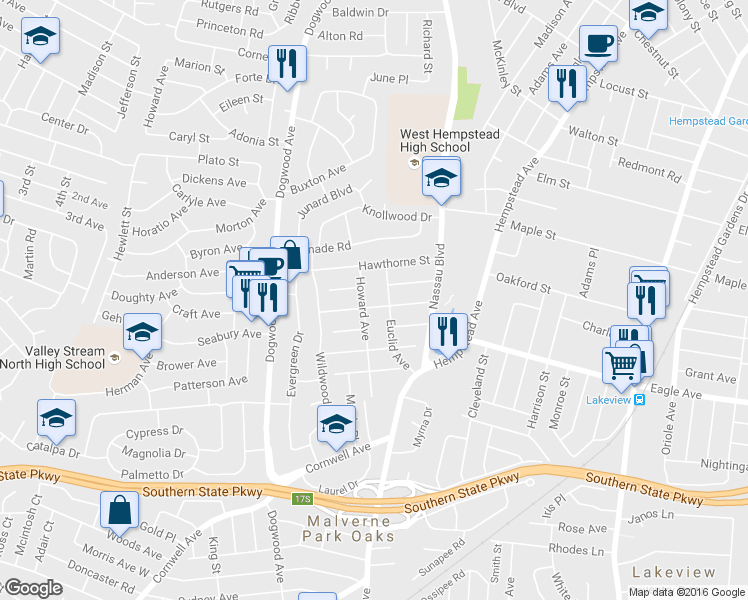 map of restaurants, bars, coffee shops, grocery stores, and more near 638 Washington St in West Hempstead