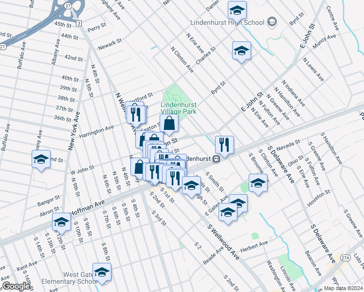 map of restaurants, bars, coffee shops, grocery stores, and more near 56 Bristol Street in Lindenhurst