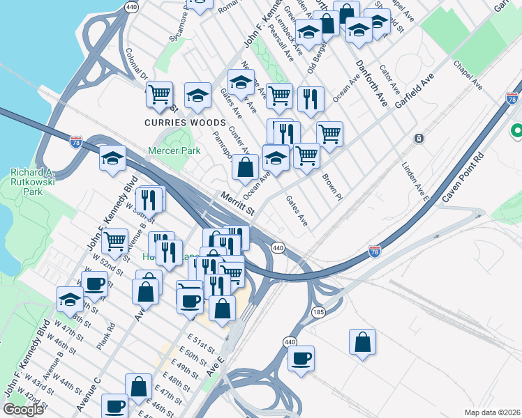 map of restaurants, bars, coffee shops, grocery stores, and more near 1 Catherine Court in Jersey City