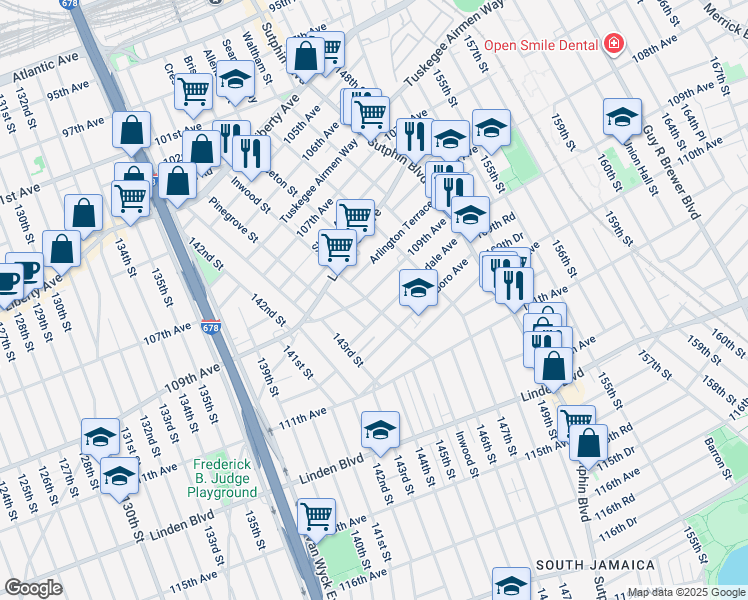 map of restaurants, bars, coffee shops, grocery stores, and more near 145-02 109th Avenue in Queens