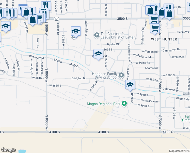 map of restaurants, bars, coffee shops, grocery stores, and more near 7664 Bridgton Dr in Magna