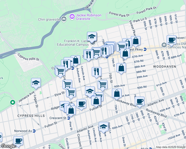 map of restaurants, bars, coffee shops, grocery stores, and more near 82 Grant Avenue in Brooklyn