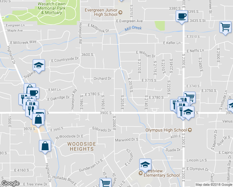 map of restaurants, bars, coffee shops, grocery stores, and more near 3771 South 2000 East in Salt Lake City