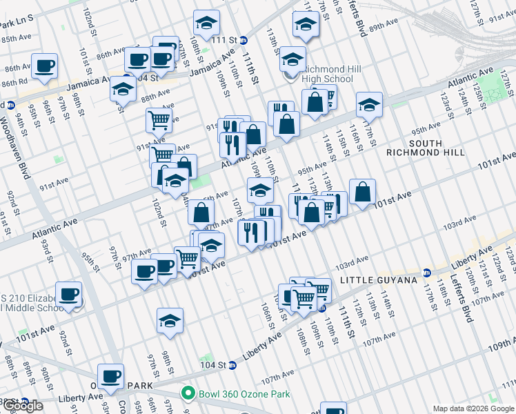 map of restaurants, bars, coffee shops, grocery stores, and more near 108-5 97th Avenue in Queens