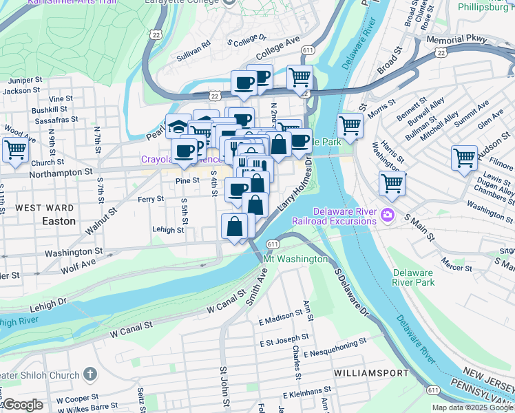 map of restaurants, bars, coffee shops, grocery stores, and more near 126 South 3rd Street in Easton