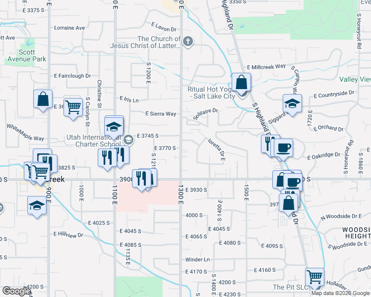 map of restaurants, bars, coffee shops, grocery stores, and more near 3779 1300 East in Millcreek