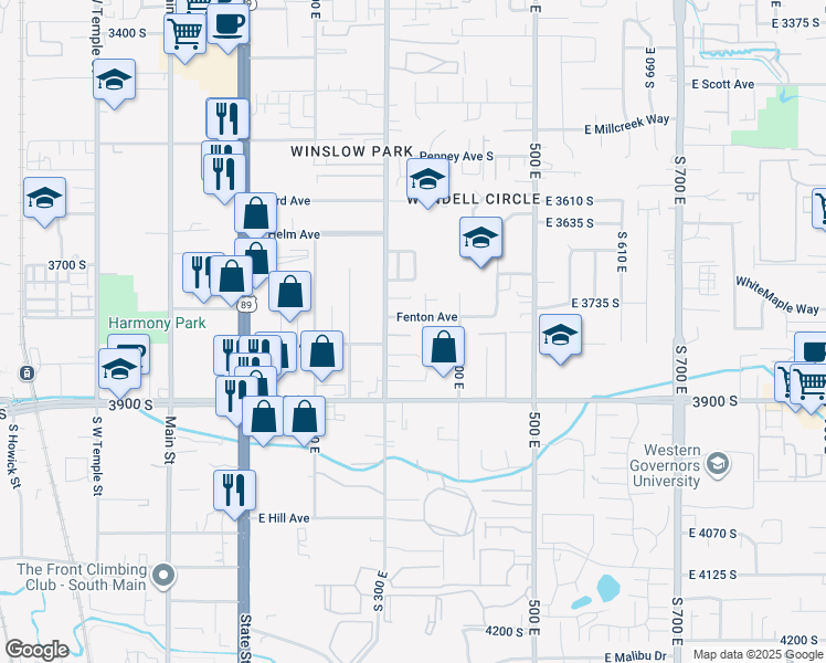 map of restaurants, bars, coffee shops, grocery stores, and more near 312 Old Granite Cove in South Salt Lake
