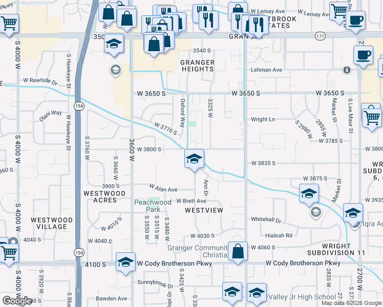 map of restaurants, bars, coffee shops, grocery stores, and more near 3819 Bonniewood Drive in West Valley City