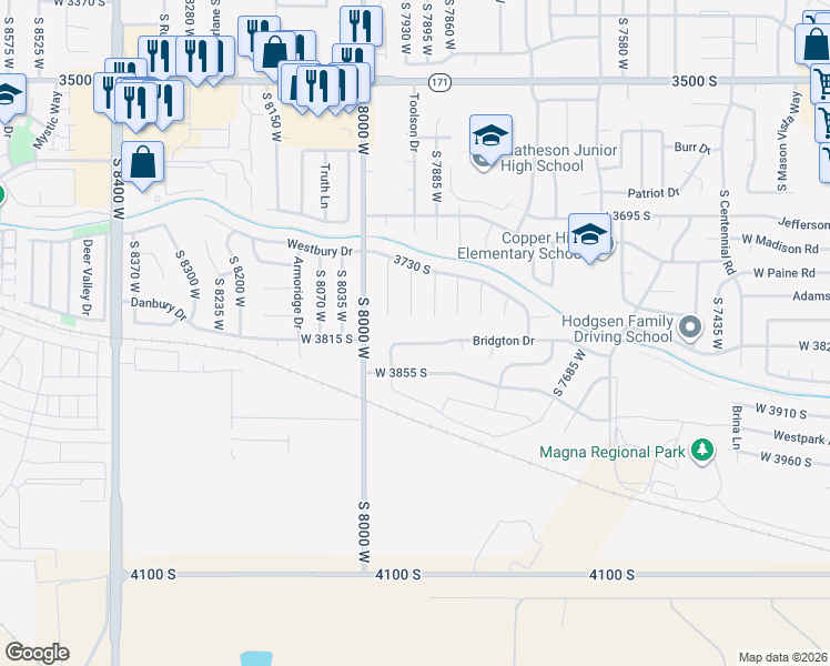 map of restaurants, bars, coffee shops, grocery stores, and more near 7906 Bridgton Drive in Magna