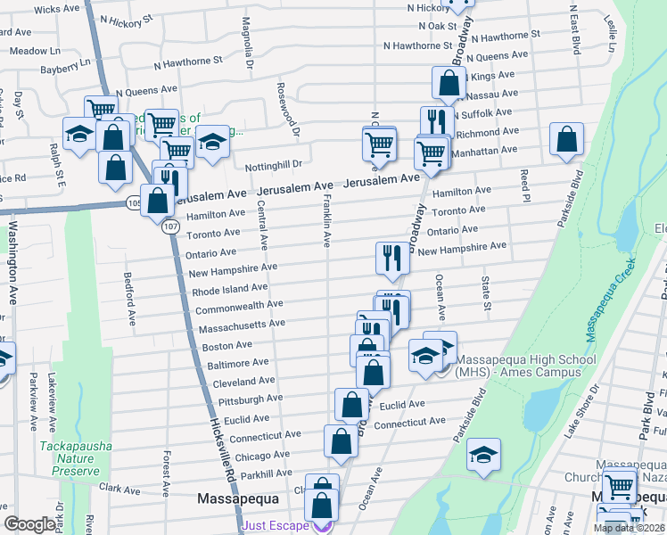 map of restaurants, bars, coffee shops, grocery stores, and more near 670 Franklin Avenue in Massapequa
