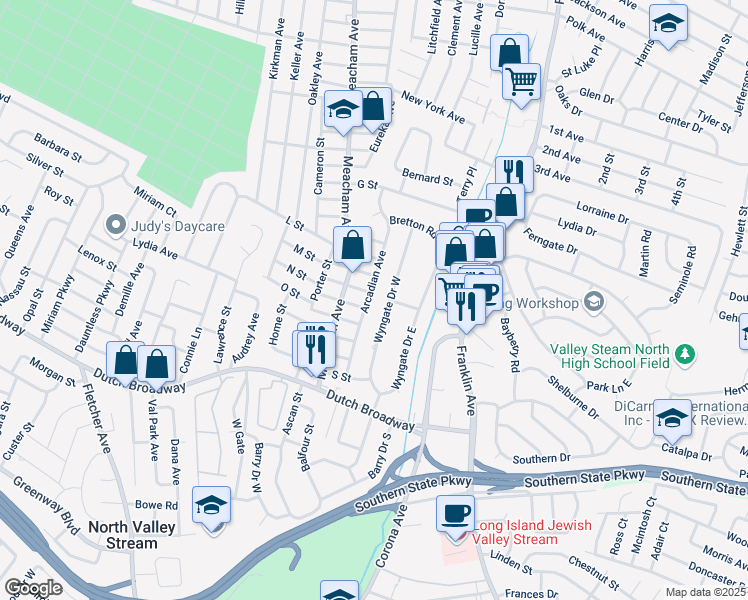 map of restaurants, bars, coffee shops, grocery stores, and more near 1300 O Street in Elmont