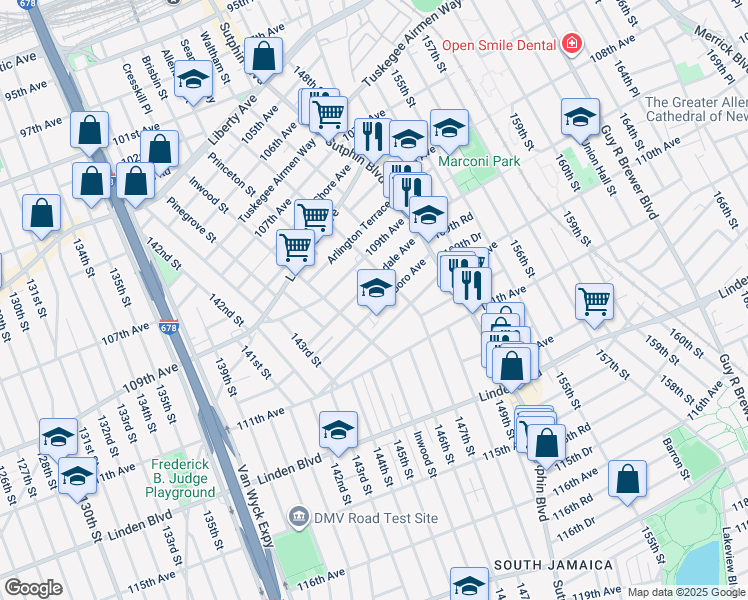 map of restaurants, bars, coffee shops, grocery stores, and more near 145-27 Glassboro Avenue in Queens