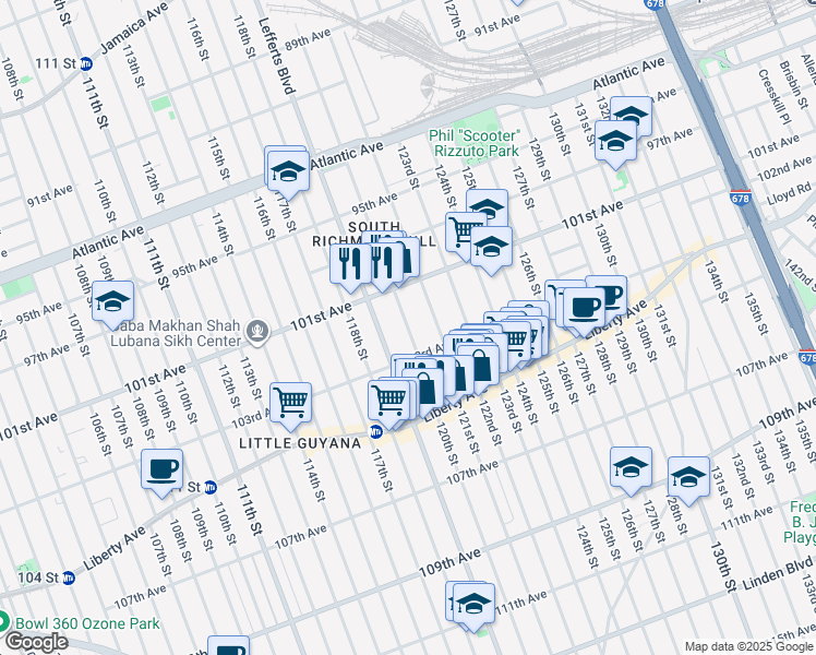 map of restaurants, bars, coffee shops, grocery stores, and more near 101-45 120th Street in Queens