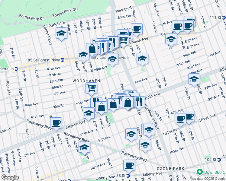 map of restaurants, bars, coffee shops, grocery stores, and more near 90-16 91st Avenue in Queens