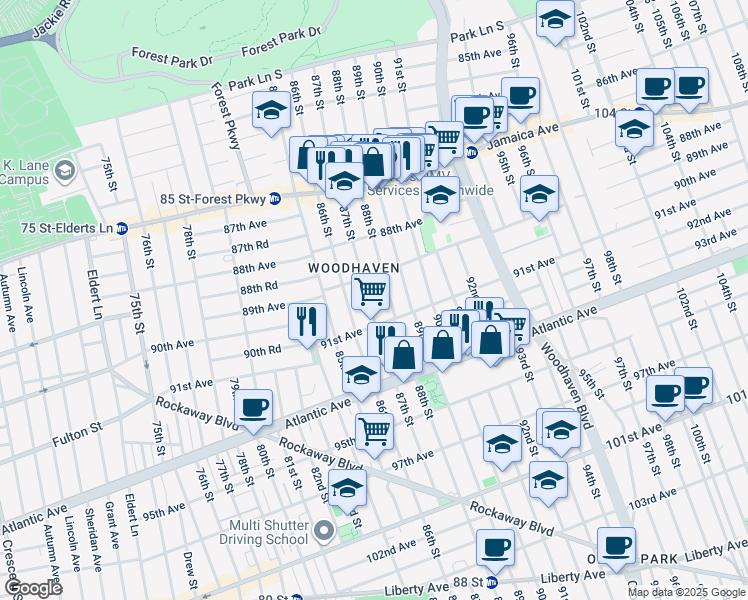 map of restaurants, bars, coffee shops, grocery stores, and more near 89-27 87th Street in Queens