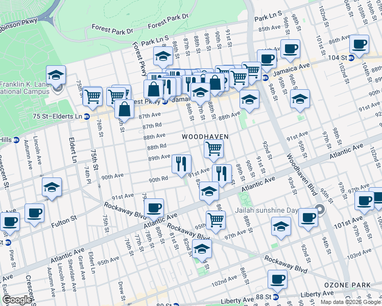 map of restaurants, bars, coffee shops, grocery stores, and more near 84-04 89th Avenue in Queens