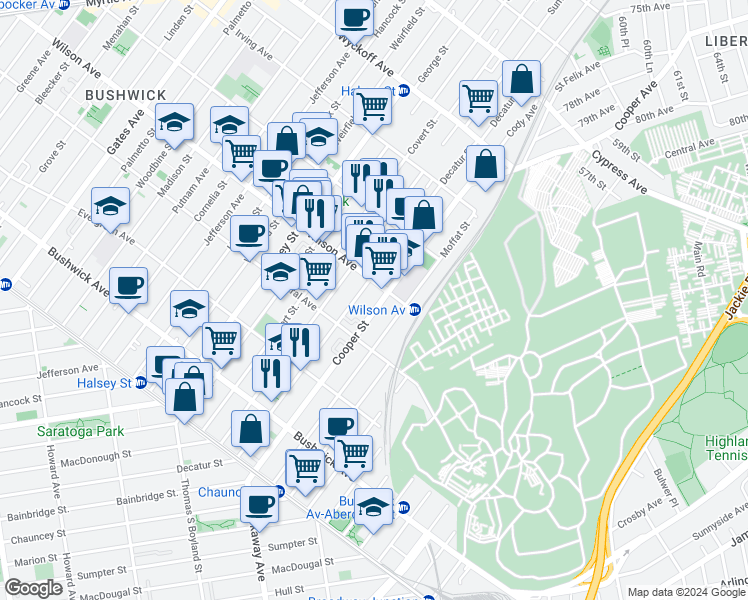 map of restaurants, bars, coffee shops, grocery stores, and more near 183 Cooper Street in Brooklyn