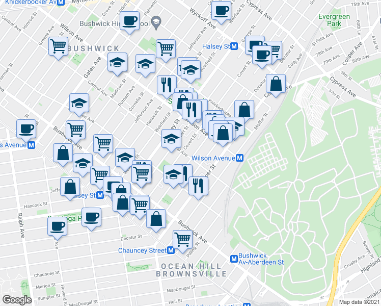 map of restaurants, bars, coffee shops, grocery stores, and more near 600 Central Avenue in Brooklyn