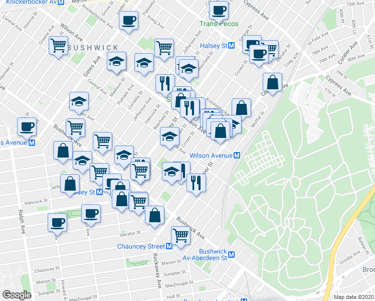 map of restaurants, bars, coffee shops, grocery stores, and more near 600 Central Avenue in Brooklyn