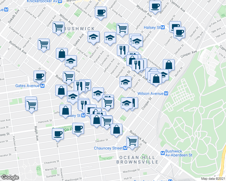 map of restaurants, bars, coffee shops, grocery stores, and more near 1095 Halsey Street in Brooklyn