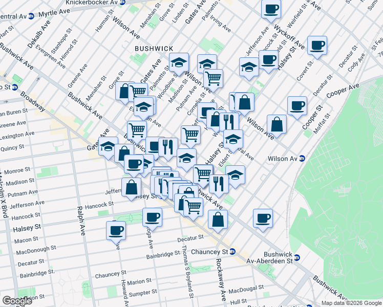 map of restaurants, bars, coffee shops, grocery stores, and more near 1086 Hancock Street in Brooklyn