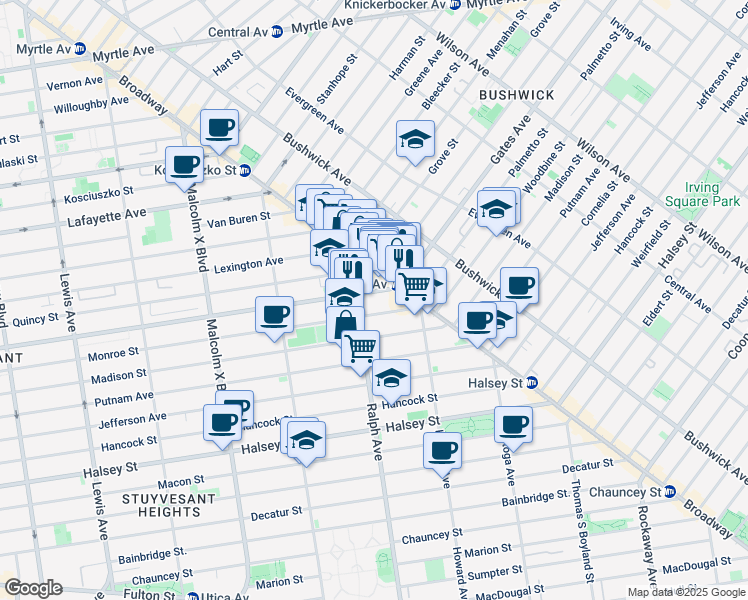 map of restaurants, bars, coffee shops, grocery stores, and more near 831 Monroe Street in Brooklyn