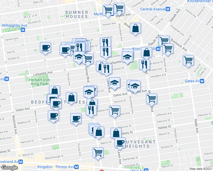 map of restaurants, bars, coffee shops, grocery stores, and more near 218 Lewis Avenue in Brooklyn