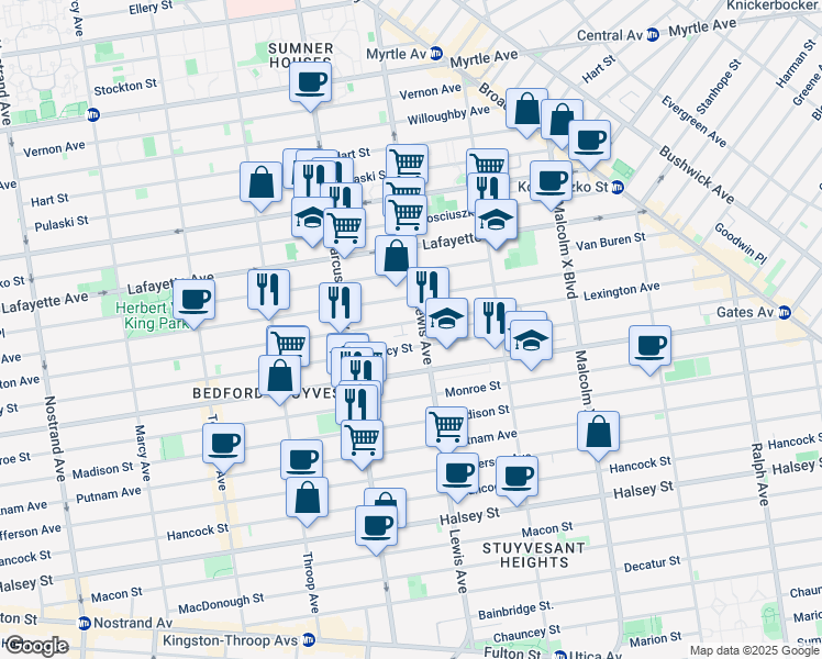 map of restaurants, bars, coffee shops, grocery stores, and more near 218 Lewis Avenue in Brooklyn