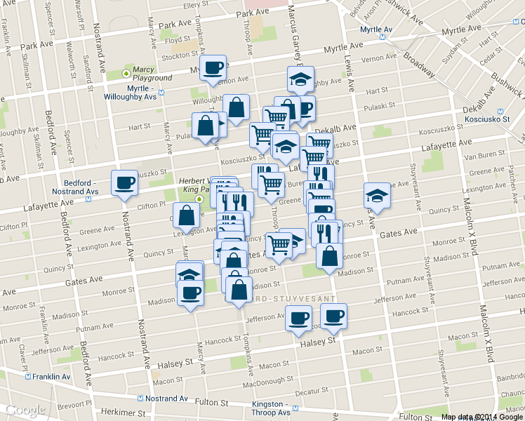 map of restaurants, bars, coffee shops, grocery stores, and more near 434 Throop Avenue in Brooklyn