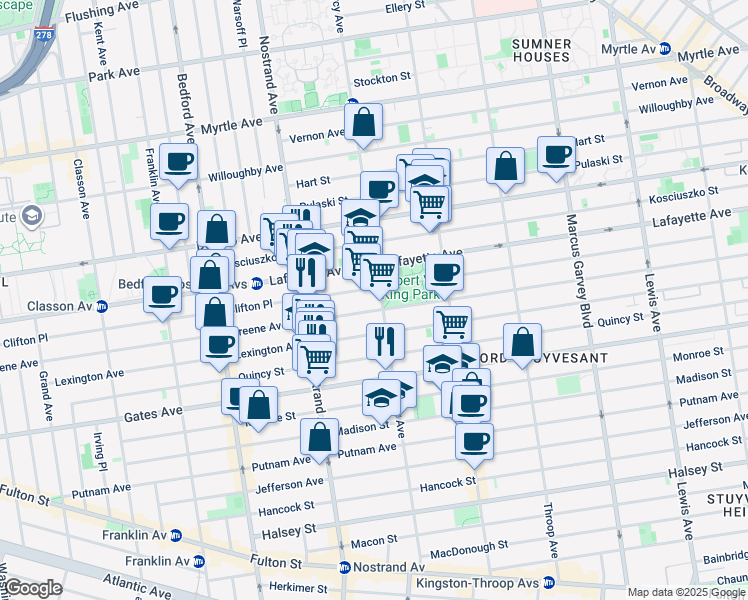 map of restaurants, bars, coffee shops, grocery stores, and more near 384-390 Clifton Place in Brooklyn