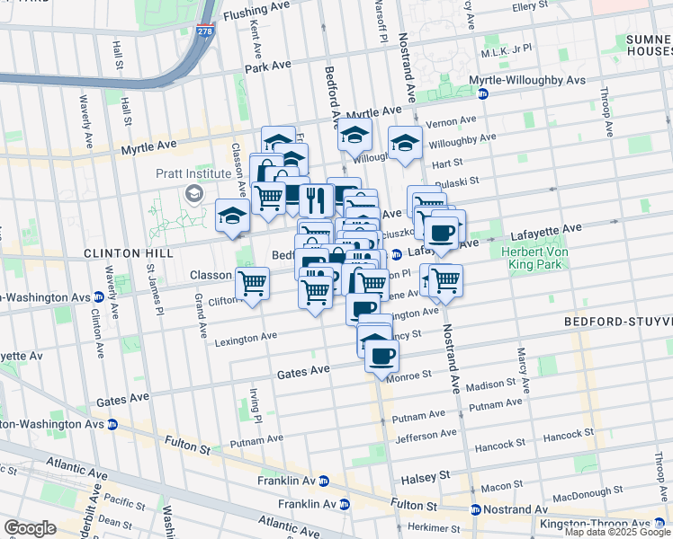 map of restaurants, bars, coffee shops, grocery stores, and more near 476 Lafayette Avenue in Brooklyn