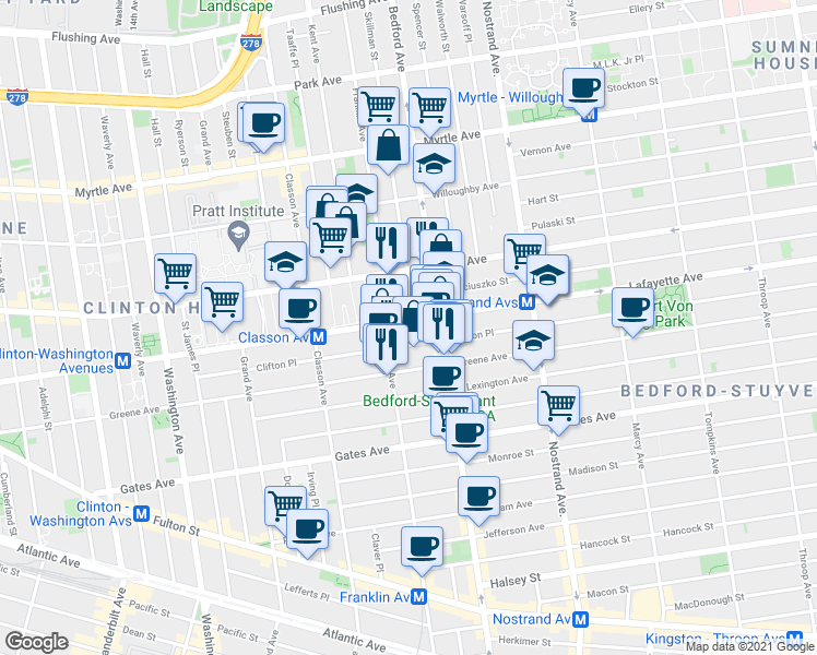map of restaurants, bars, coffee shops, grocery stores, and more near 476 Lafayette Avenue in Brooklyn