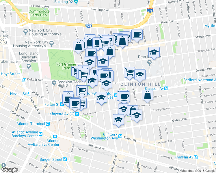 map of restaurants, bars, coffee shops, grocery stores, and more near 304 Clinton Avenue in Brooklyn