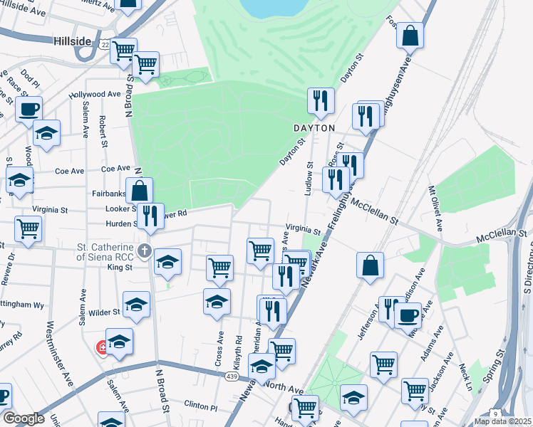 map of restaurants, bars, coffee shops, grocery stores, and more near 1309 Virginia Street in Elizabeth