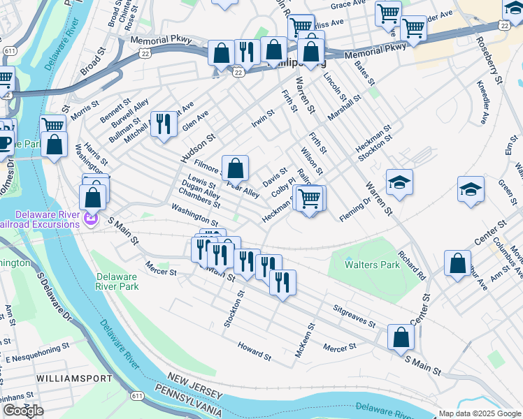 map of restaurants, bars, coffee shops, grocery stores, and more near 311 Chambers Street in Phillipsburg