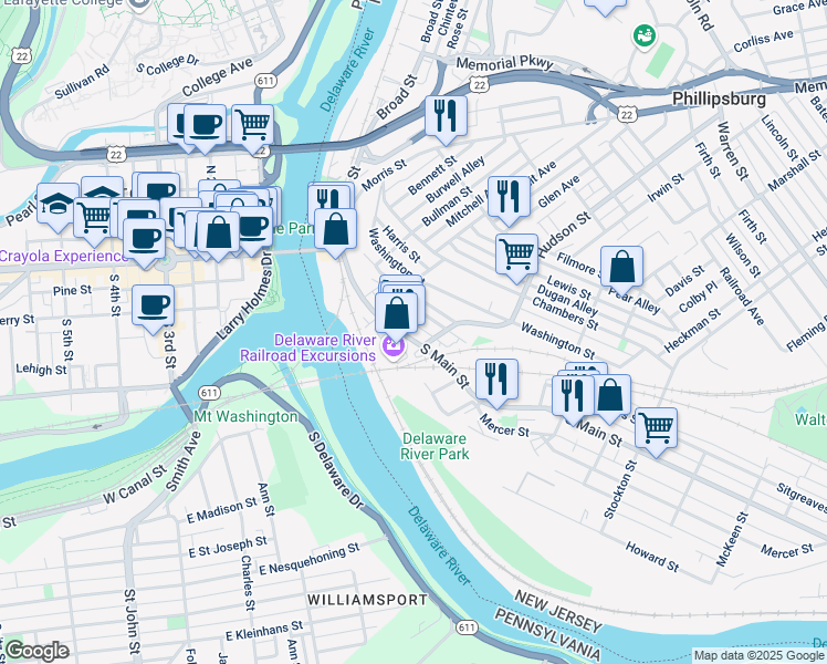 map of restaurants, bars, coffee shops, grocery stores, and more near 149 South Main Street in Phillipsburg