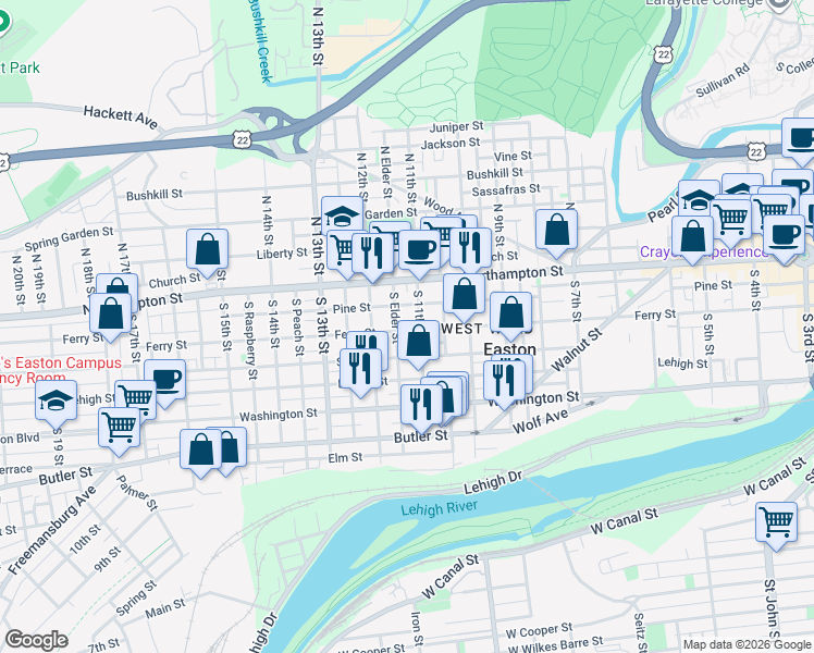 map of restaurants, bars, coffee shops, grocery stores, and more near 1123 Ferry Street in Easton