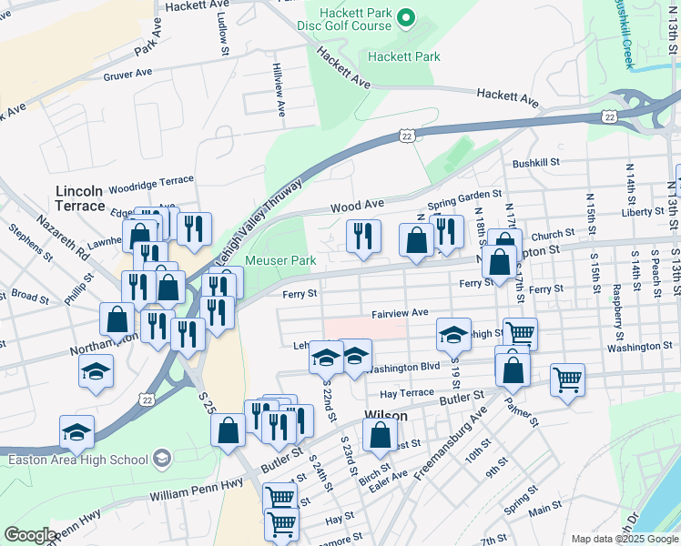 map of restaurants, bars, coffee shops, grocery stores, and more near 2131 Northampton Street in Easton