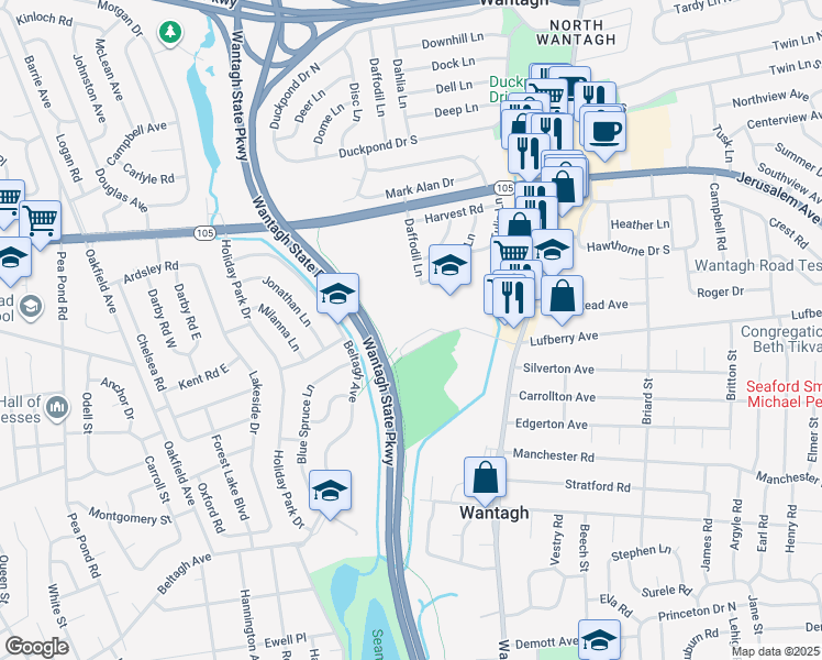map of restaurants, bars, coffee shops, grocery stores, and more near 3297 Beltagh Avenue in Wantagh