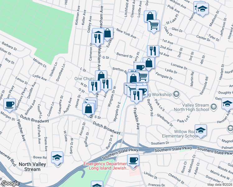 map of restaurants, bars, coffee shops, grocery stores, and more near 1264 Ixworth Road in Valley Stream