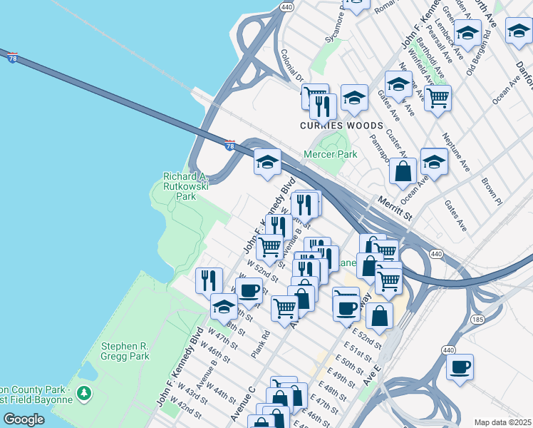 map of restaurants, bars, coffee shops, grocery stores, and more near 1224 John F. Kennedy Boulevard in Bayonne