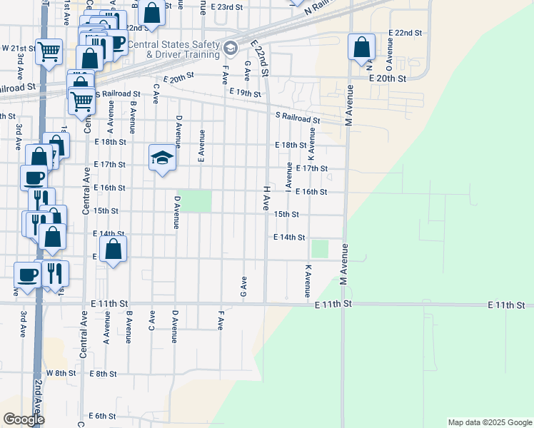 map of restaurants, bars, coffee shops, grocery stores, and more near 801 East 15th Street in Kearney